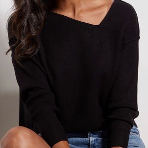 Line and Dot Black Off Shoulder Ribbed Pullover